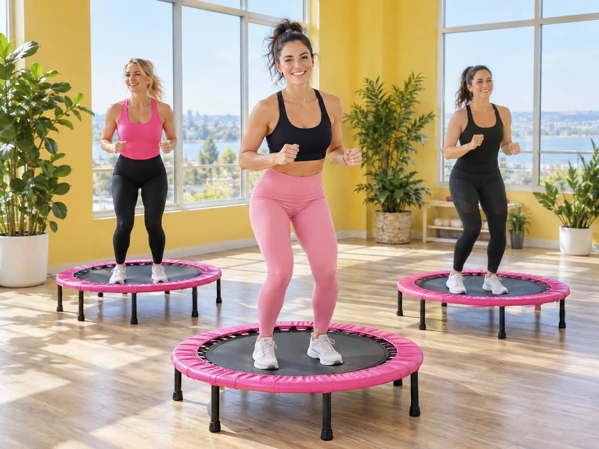 Девушки занимаются джампинг фитнесом на мини-батутах в студии Lady Jump в Казани